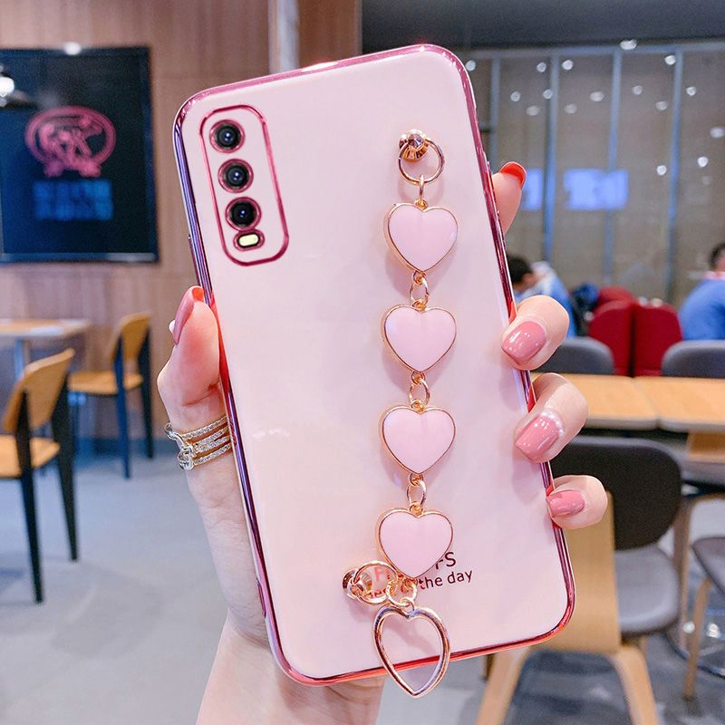 For Vivo Y20G Y20 2021 Y12A Y12s Back Cover with Love Heart Chain Wrist Strap Fashion Bracelet Shiny Plating Bumper Protective Case Silicone Shockproof Mobile Phone Cases