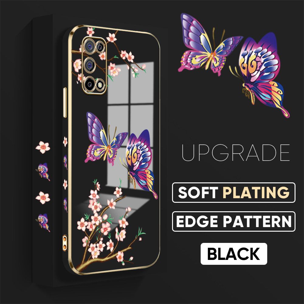 Jizetin (Free Lanyard) Realme 7 5G Back Cover Peach Blossom and Butterfly Luxury 6D Plating Case Side Pattern Soft Silicone Square Mobile Phone Cases