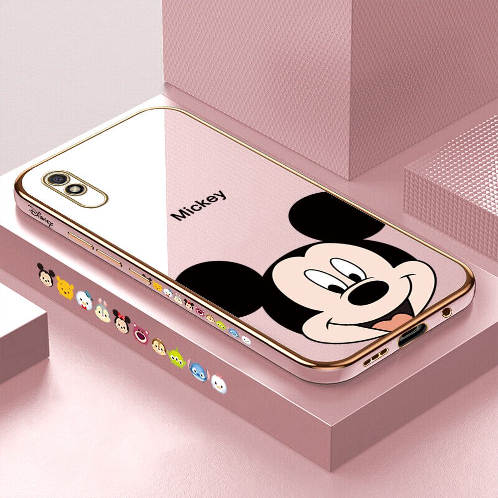 Luxury 6D Plating Soft Casing Silicone Square Frame Phone Case For Redmi 9A Case Shiny Bling Back Cover Cartoon Big Head Mouse Square Edge Pattern Design Soft Case + Free Lanyard