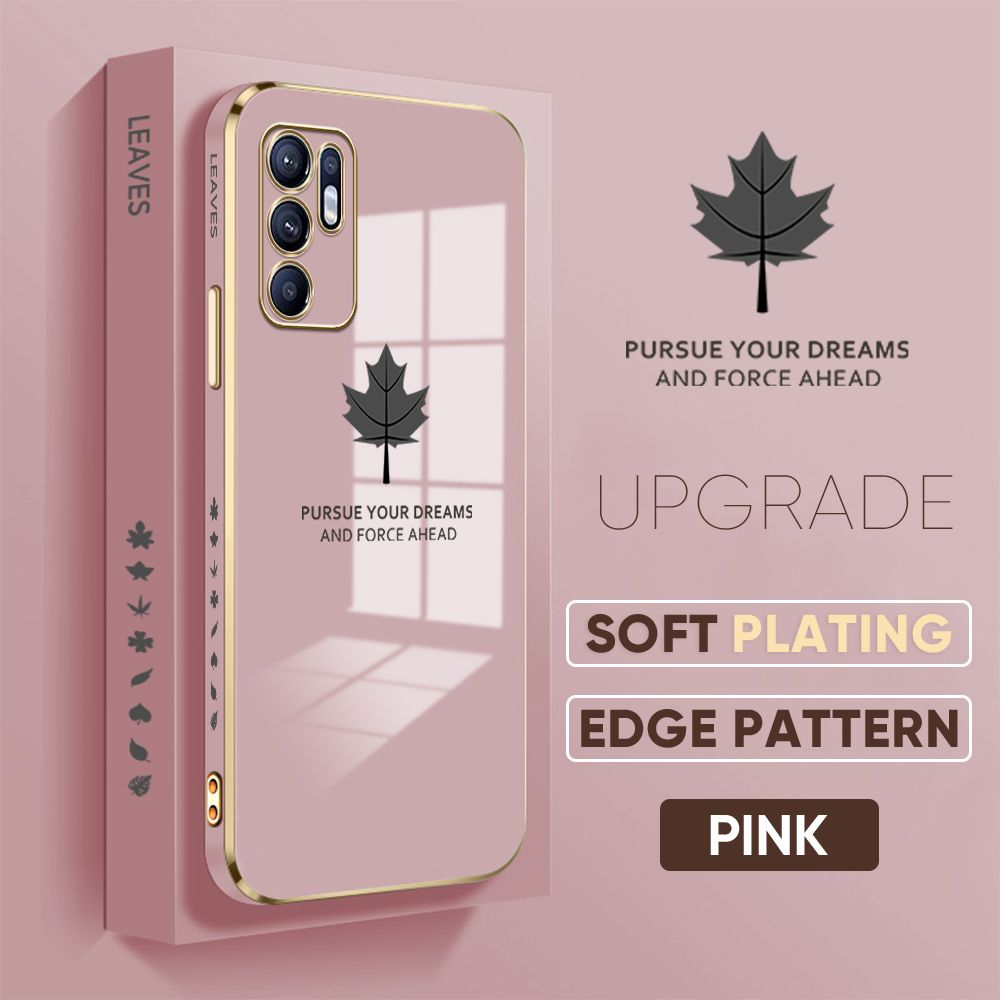Jizetin (Free Lanyard) OPPO Reno6 Cover Maple Leaf Luxury 6D Plating Soft Casing Silicone Square Frame Phone Case Shiny Bling Back Cover
