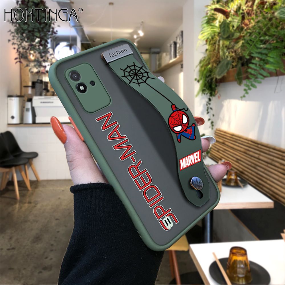 Hontinga for Realme Narzo 50I Back Cover With Wristband Cartoon Spiderman Phone Casee Full Lens Protection Thin Frosted Cases