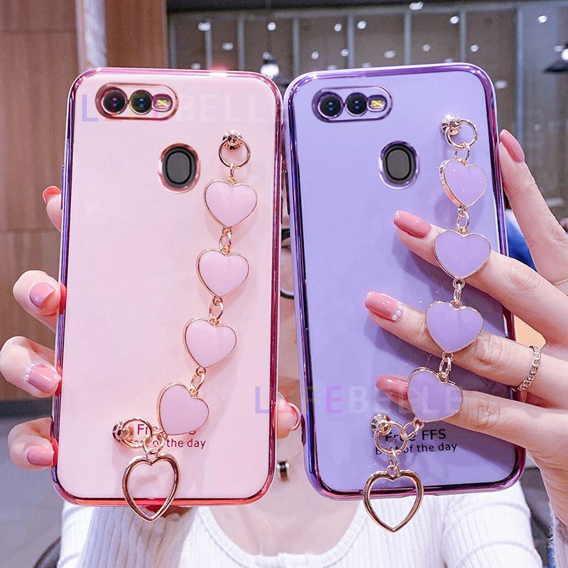 Casing for OPPO A12 / A11k / A7 / A5s / F9 / F9 Pro / Realme 2 Pro Case + Love Heart Wristband, [Camera Lens Protection] Shiny Plating Slim Phone Cases Soft TPU Silicone Shockproof Protective Casing Cover