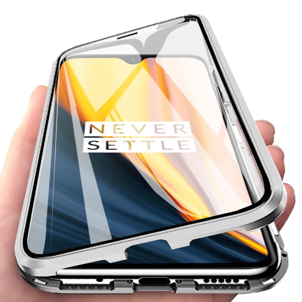 For OnePlus 7 Casing 360° Full Body Transparent Tempered Glass with Magnetic Adsorption Metal Bumper Case Cover