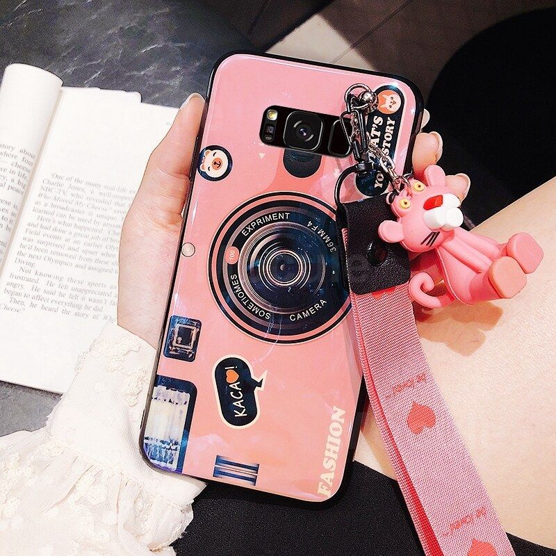 For Samsung Galaxy S8 Plus Cover + Wrist Lanyard & Cute Cartoon Doll Fashion Camera Pattern Slim Phone Case Soft TPU Silicone Shockproof Protective Back Cover