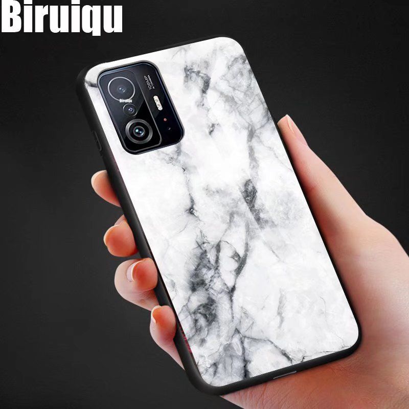 Biruiqu For Xiaomi Mi 11T / Mi 11T Pro Shockproof Fashion Marble Tempered Glass Back Case Cover
