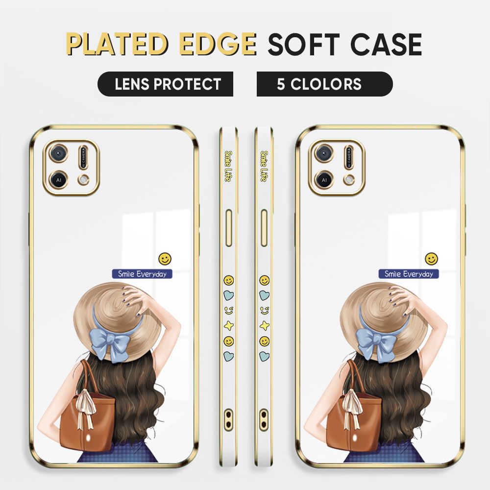 Luxury 6D Plating Case for OPPO A16K A16E Back Cover Cartoon Hat Girl Side Pattern Soft Silicone Square Phone Cases
