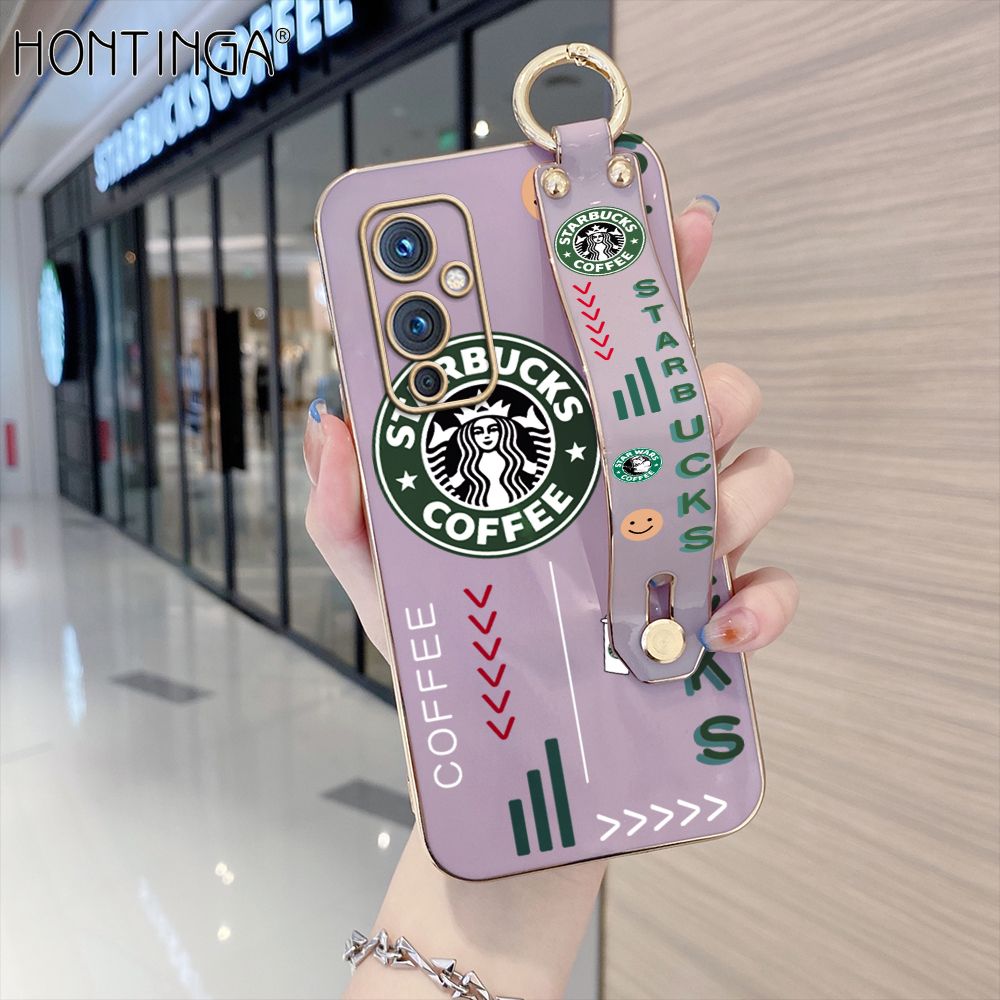 Hontinga for OnePlus 9 Back Cover With Wristband Luxury 6D Plating Coffee Sign Case Soft Silicone Square Phone Cases