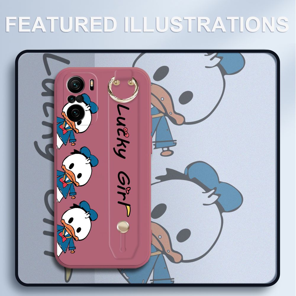 UCUC for Xiaomi Redmi K40 Wrist Strap Case Creative Cartoon Three Ducks Cover Ultra Thin Anti Fall Liquid Silicone Phone Case