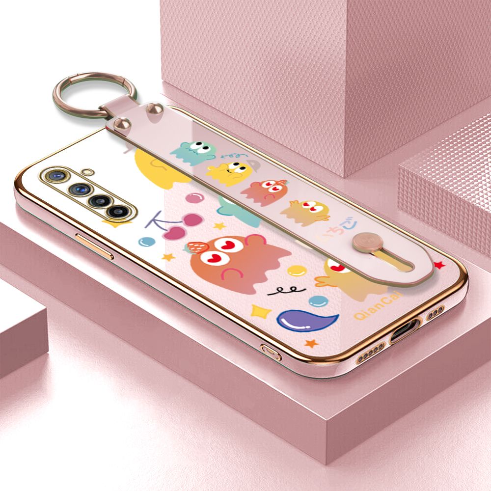 Jizetin for Realme 6 / Realme Narzo Back Cover Bean Monster Luxury 6D Plating Wrist Strap Phone Cases Soft Silicone Square Mobile Phone Case