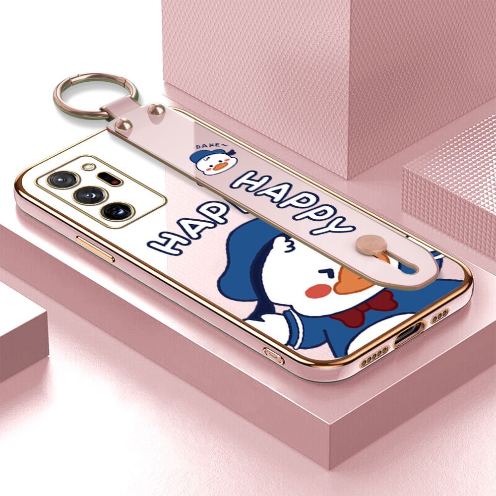TA for Samsung Note20 Ultra Wrist Strap Back Cover Cute Duck Fashion Luxury 6D Plating Soft Casing Silicone Square Frame Phone Case