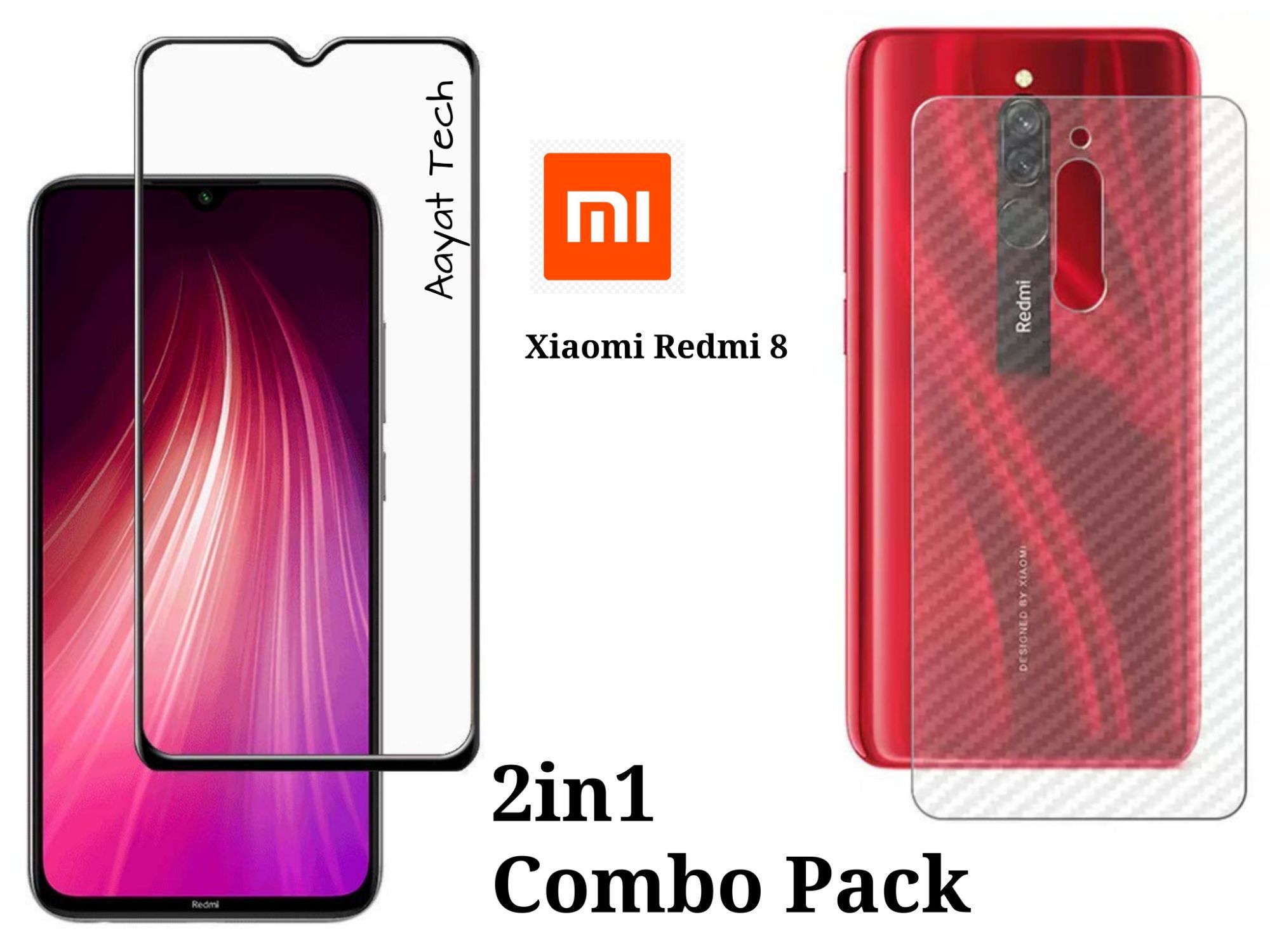 2in1 Combo Pack For Xiaomi Redmi 8 (High quality Protective Glass Screen Protector + Anti-Scratch 3d Carbon Film)