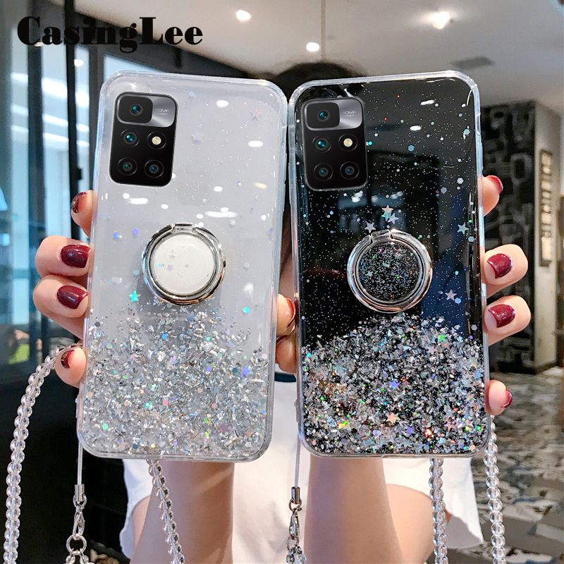Casinglee for Redmi Note 11 Pro case Shiny Ring Glitter Soft Transparent Holder Stand Back cover with String for Redmi Note11 Pro Phone cases cover Stars Moon Girls For girls and Boys