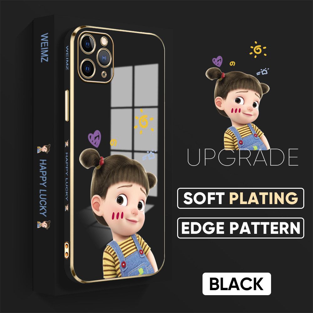 Jizetin (Free Lanyard) iPhone 11 Pro Max Back Cover Double Ponytail Girl Luxury 6D Plating Case Side Pattern Soft Silicone Square Mobile Phone Cases