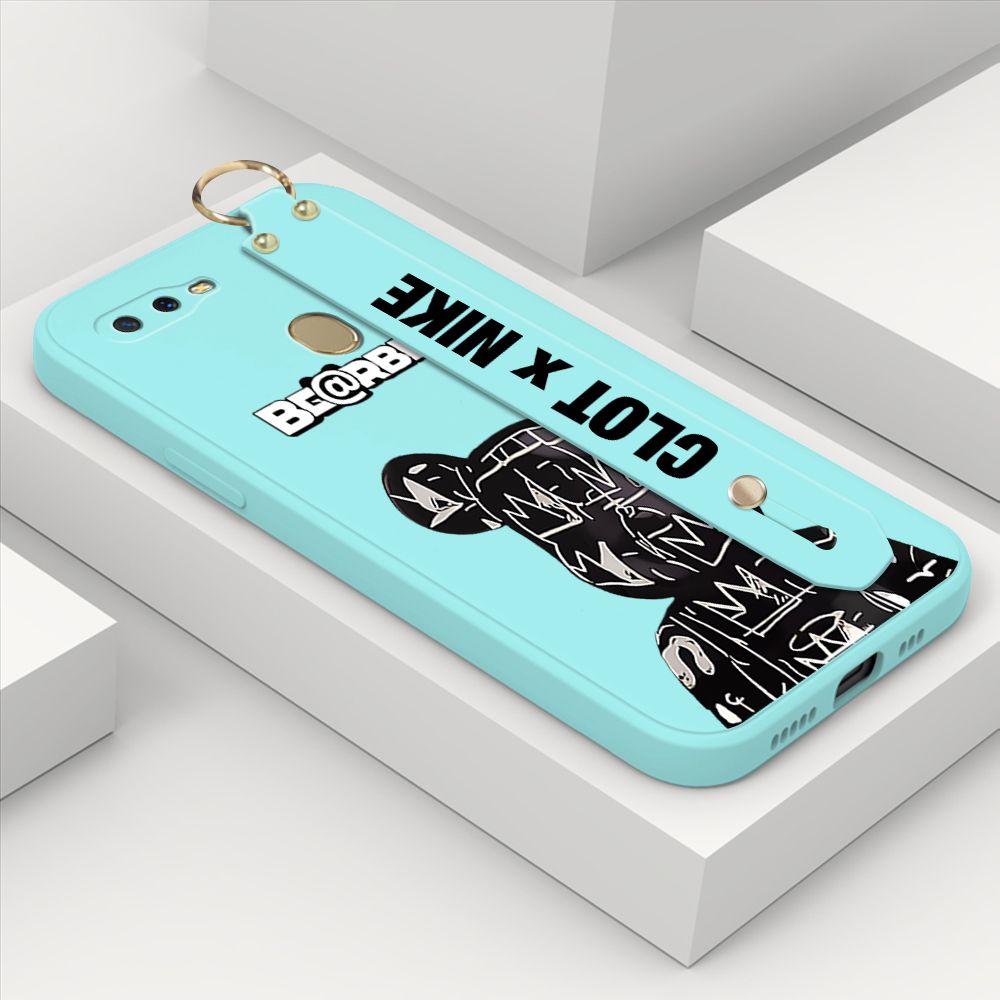 ZeroQiQi for OPPO A7 Wrist Strap Case Fashion Black Brand Bear Phone Case Square Edge Liquid Silicone Cases Full Cover Camera Shockproof Protection Cases