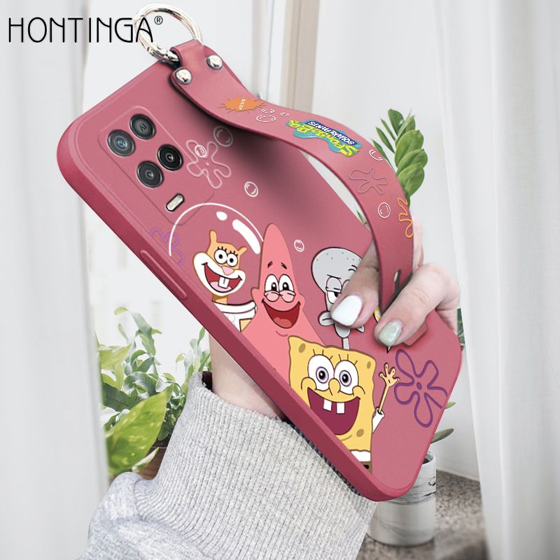 Hontinga for Realme 8 5G Wrist Strap Case Cute Cute Funny Cartoon Sponge for Square Pants Cover Square Edge Liquid Silicone Anti-drop Phone Case
