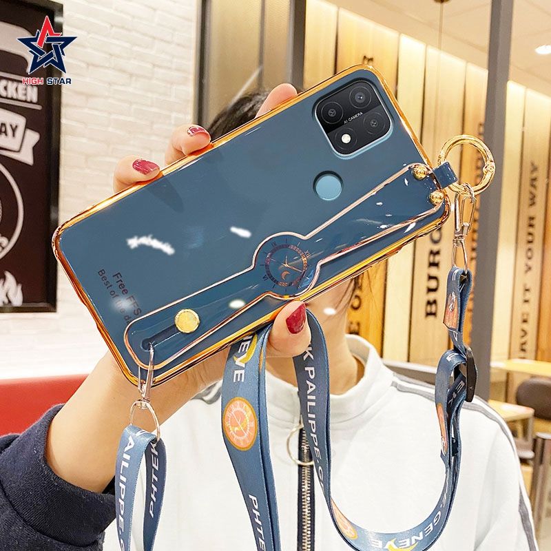 For OPPO A15S A15 A12 A7 A5S A5  A9  A94 4G Reno 5F A52 A92 A72 A3S A12E A31 A53 Luxury Fashion Electroplate Girls Phone Case with Wrist Strap+Lanyard Shoulder Strap Stand Holder Soft Silicone Protective Back Cover