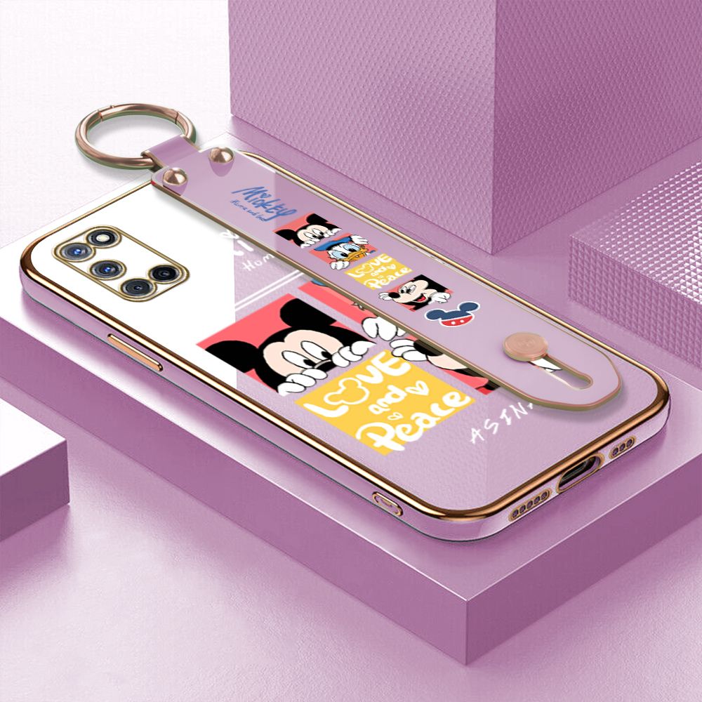 Jizetin for OPPO A52 / A92 Back Cover Lovely Mouse Luxury 6D Plating Wrist Strap Phone Cases Soft Silicone Square Mobile Phone Case