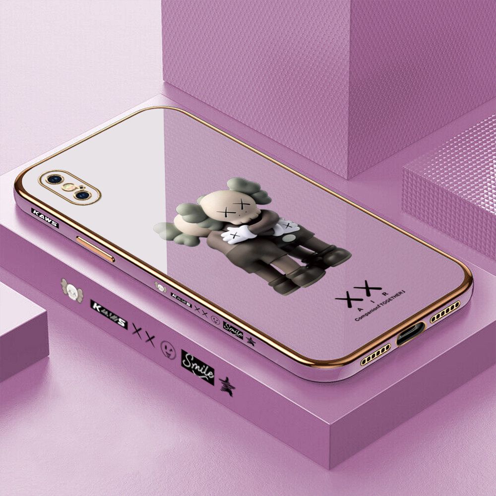 Luxury 6D Plating Case for iPhone XS Embrace Cartoon Bear Side Pattern Back Cover Soft Silicone Square Frame Shiny Bling Phone Cases + Free Lanyard
