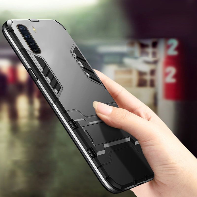 Biruiqu For OPPO F15/A91/Reno 3 Soft TPU+Hard PC Shockproof Slim Protective Case Cover with Kickstand