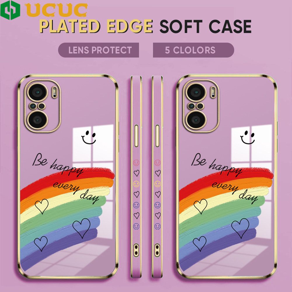 UCUC for Xiaomi Poco F3 / Redmi K40 / Redmi K40 Pro Back Cover + Free Lanyard Rainbow Doodle Luxury 6D Plating Case Side Pattern Soft Silicone Square Phone Cases