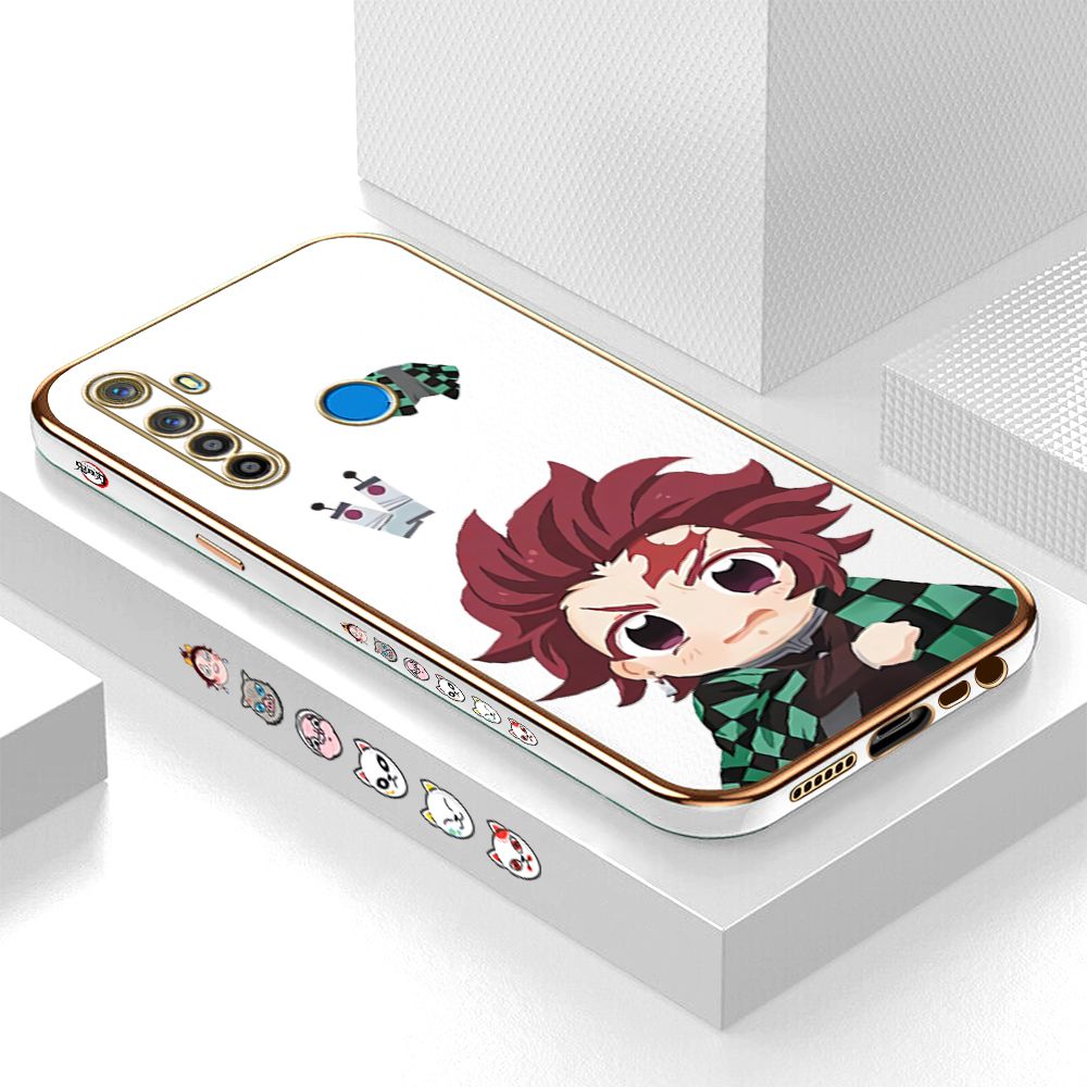 Luxury 6D Plating Case for Realme 5 5I 5S 6I Cartoon Anime Tanjirou Side Pattern Back Cover Soft Silicone Square Phone Cases + Free Lanyard