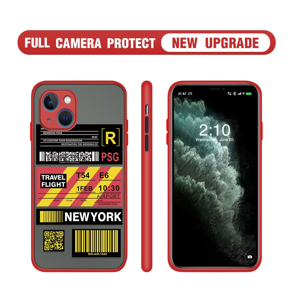 Hontinga for iPhone 13 Case Creative Flight Ticket Cover Camera Shockproof Protection Case Edge Frosted Transparent Phone Cover