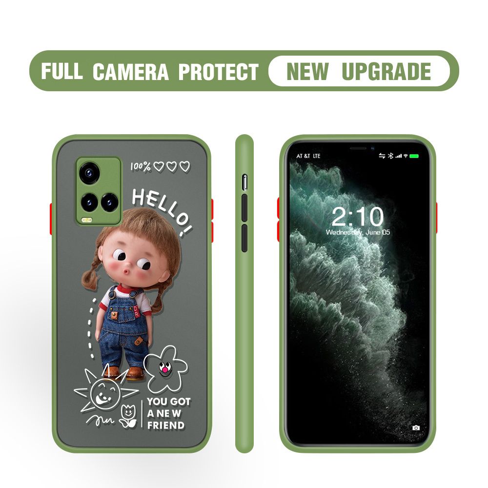 Hontinga for Vivo Y33S Case Cute Cartoon Little Girl Cover Camera Shockproof Protection Case Edge Frosted Transparent Phone Cover