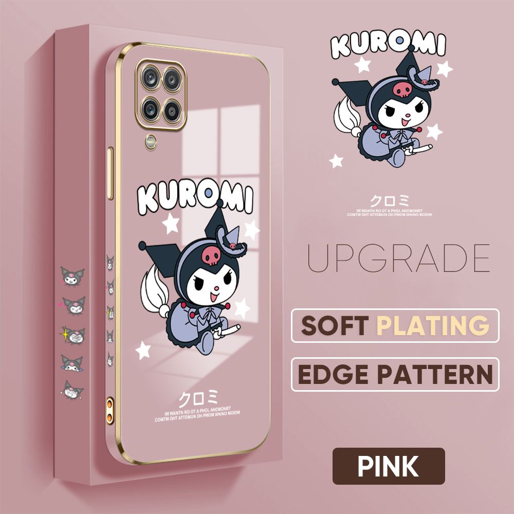 TA for Samsung Galaxy A12 / A12 5G / M12 Back Cover + Free Lanyard Cute Kuromi Luxury 6D Plating Case Side Pattern Soft Silicone Square Phone Cases
