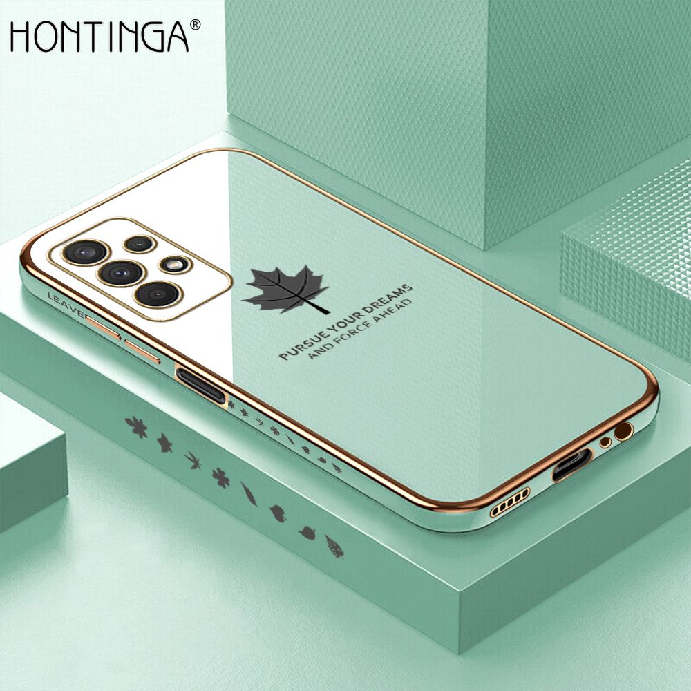 Hontinga for Samsung A32 5G Back Cover + Free Lanyard Luxury 6D Plating Shiny Maple leaf Phone Case Soft Silicone Square Mobile Cover