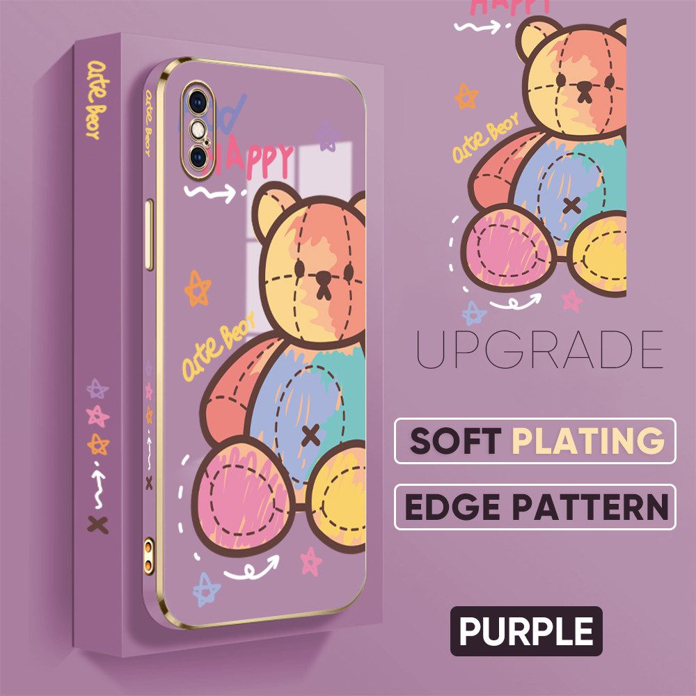 TA for iPhone XS MAX Back Cover + Free Lanyard Color Doll Bear Luxury 6D Plating Case Side Pattern Soft Silicone Square Phone Cases