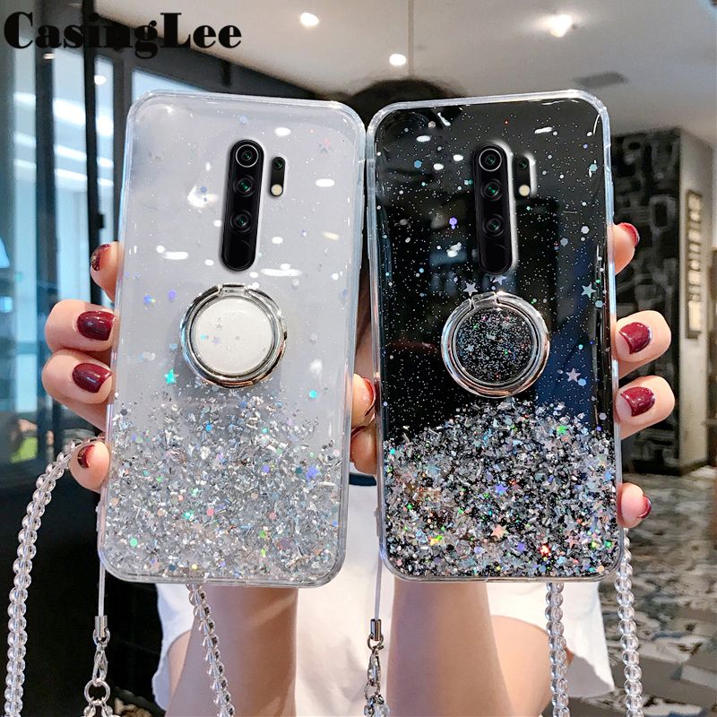 Casinglee for Xiaomi Poco M2 Reloaded case Shiny Ring Glitter Soft Transparent Holder Stand Back cover with String for Mi Poco M2 Reloaded Phone cases cover Stars Moon Girls For girls and Boys