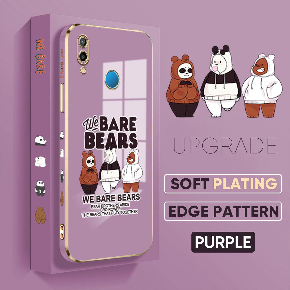 TA for Huawei P20 Lite / Nova 3E Back Cover + Free Lanyard Cute Three Bears Luxury 6D Plating Case Side Pattern Soft Silicone Square Phone Cases