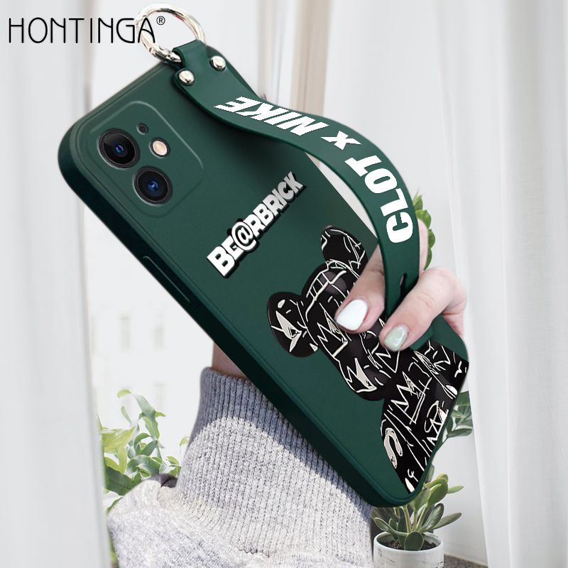 Hontinga for iPhone 11 Wrist Strap Case Fashion Black Brand Bear Phone Case Square Edge Liquid Silicone Cases Full Cover Camera Shockproof Protection Cases