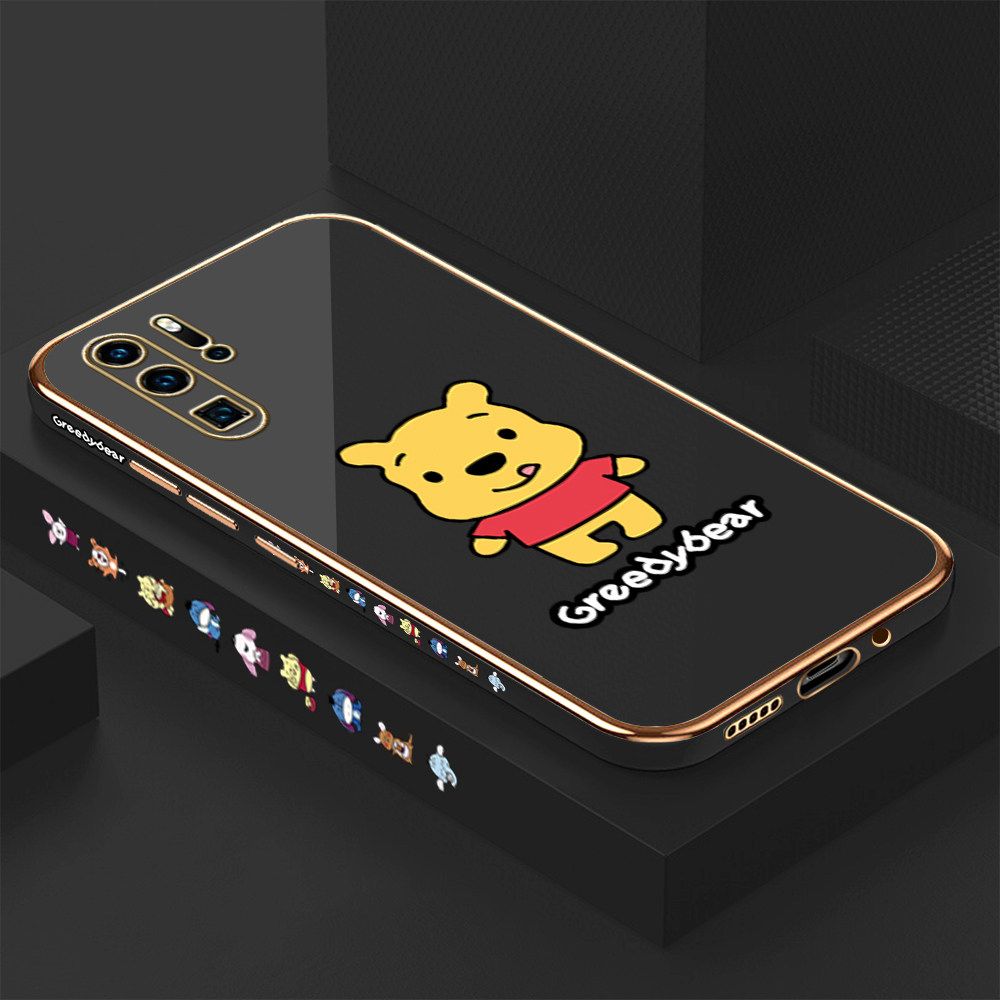 Luxury 6D Plating Case for Huawei P30 Pro Squirming Little Sweet Bear Side Pattern Back Cover Soft Silicone Square Frame Shiny Bling Phone Cases + Free Lanyard