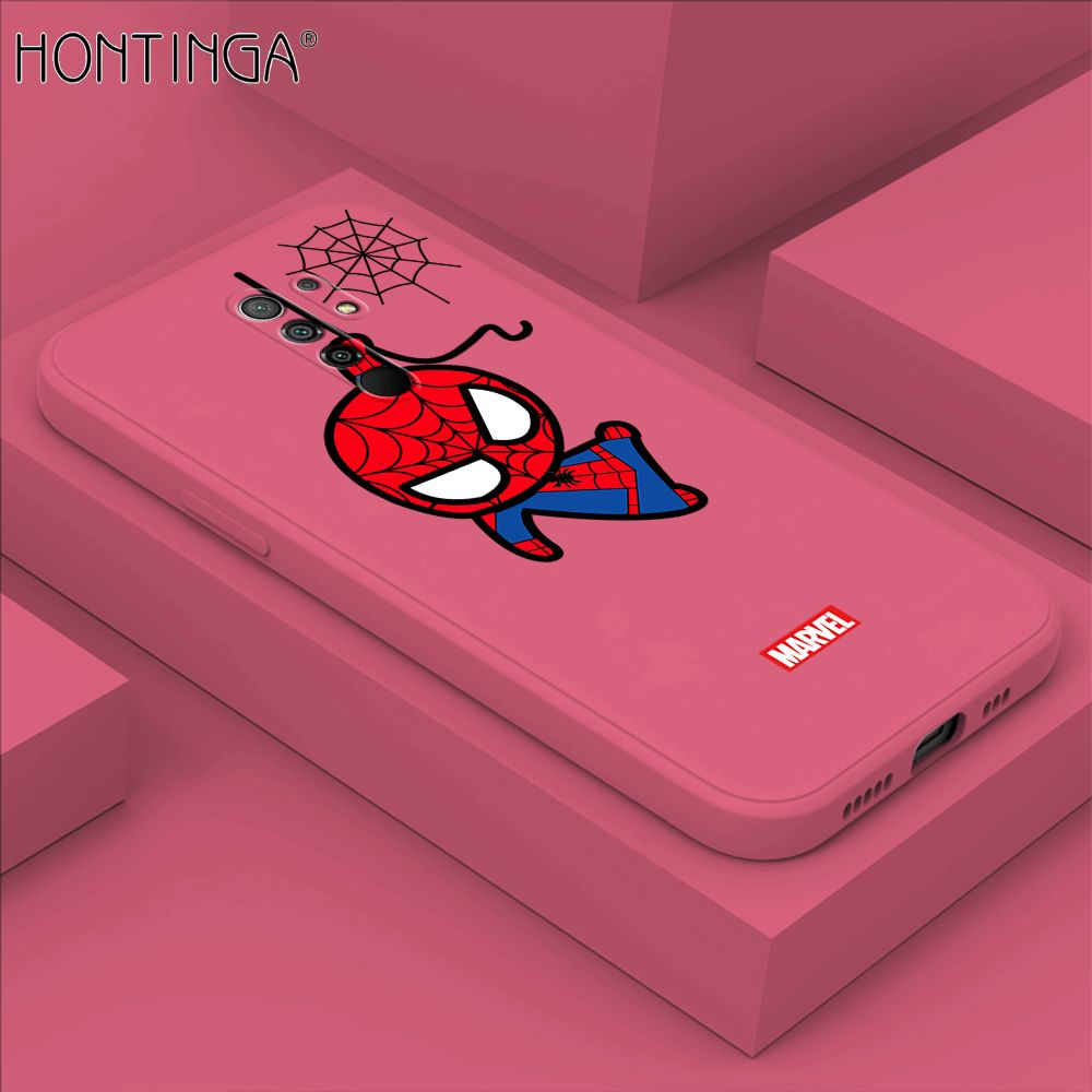 Hontinga for Xiaomi Redmi 9 Case Cute Marvel Avengers Cartoon Spiderman Spider Man Phone Case Square Edge Silicone Cases Full Lens Cover Shockproof Protection Case