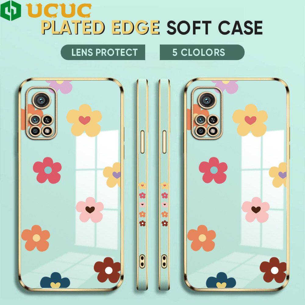 UCUC for Xiaomi Mi 10T / 10T Pro Back Cover + Free Lanyard INS Style Flower Luxury 6D Plating Case Side Pattern Soft Silicone Square Phone Cases