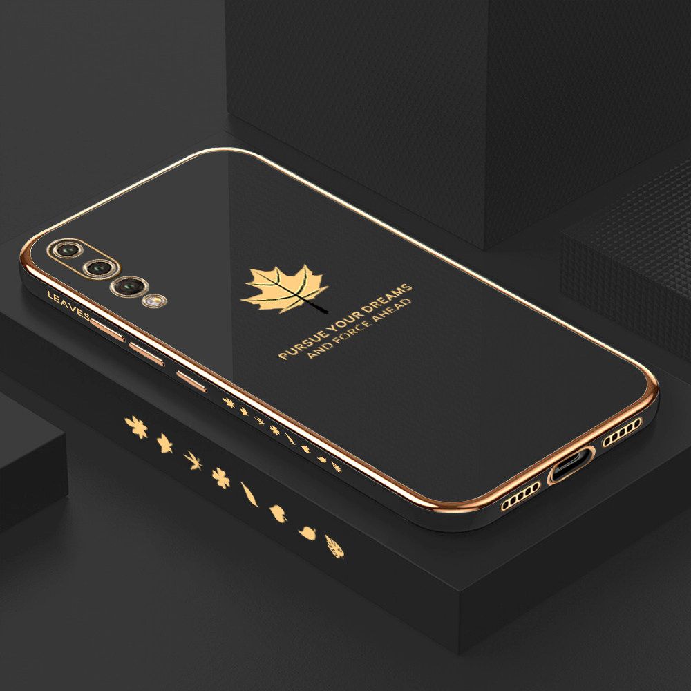 Luxury 6D Plating Soft Casing Silicone Square Frame Phone Case For Huawei P20 Pro Case Shiny Bling Back Cover New Maple Leaf Square Edge Pattern Design Soft Case + Free Lanyard