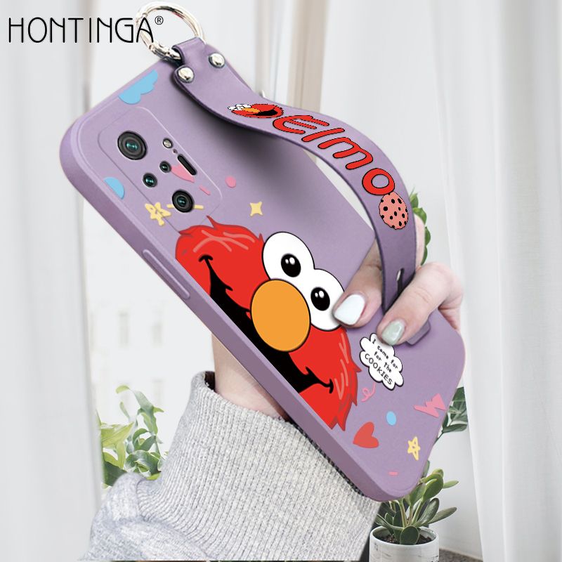 Hontinga for Redmi Note 10 Pro / Note 10 Pro Max Wrist Strap Case Cute Cute Cartoon Little Monster Phone Cover Square Edge Liquid Silicone Case Full Cover Camera Shockproof Protective Cases