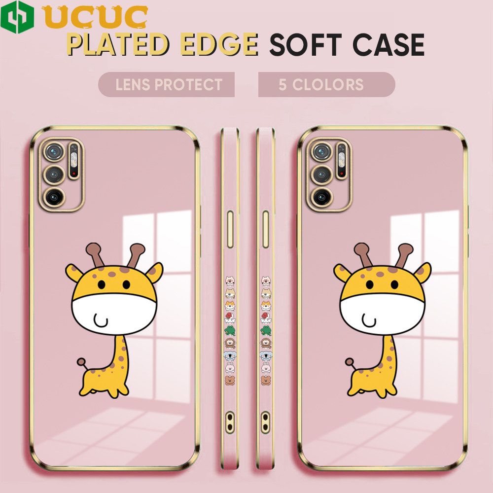 UCUC for Xiaomi Poco M3 Pro / Redmi Note 10 5G Back Cover + Free Lanyard Big Head Giraffe Luxury 6D Plating Case Side Pattern Soft Silicone Square Phone Cases