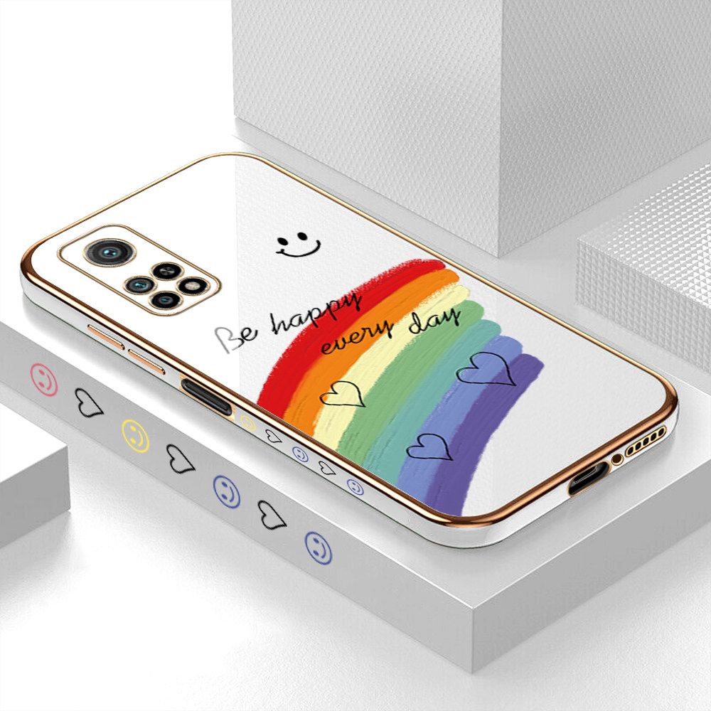 Luxury 6D Plating Case for Xiaomi 10T Smile Rainbow Lover Heart Side Pattern Back Cover Soft Silicone Square Frame Shiny Bling Phone Cases + Free Lanyard