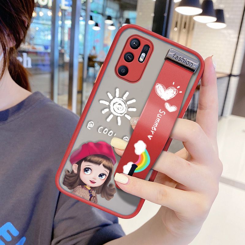 UCUC for OPPO Reno6 Wrist Strap Case Lovely Cartoon Red Hat Girl Wristband Printing Cover Shockproof Frosted Phone Case