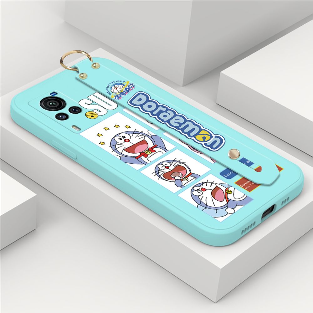 Hontinga for Vivo X60 Pro 5G Wrist Strap Case Cute Cute Cartoon Blue Cat Daily Life Cover Square Edge Liquid Silicone Creative Phone Protective Cases