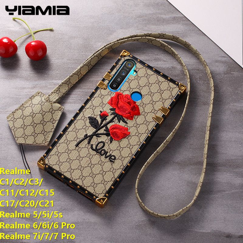 Luxury Square Embroidery 3D Rose Flower For Realme C1 / Realme C2 / Realme C3 / Realme C11 / Realme C12 / C15 / C17 / C20 / C21 / Realme 5 / Realme 5i / 5s / 6 / 6i / 6 Pro / 7i / 7 / 7 Pro Plating Border Metal Rivet Soft Silicone Case with Lanyard