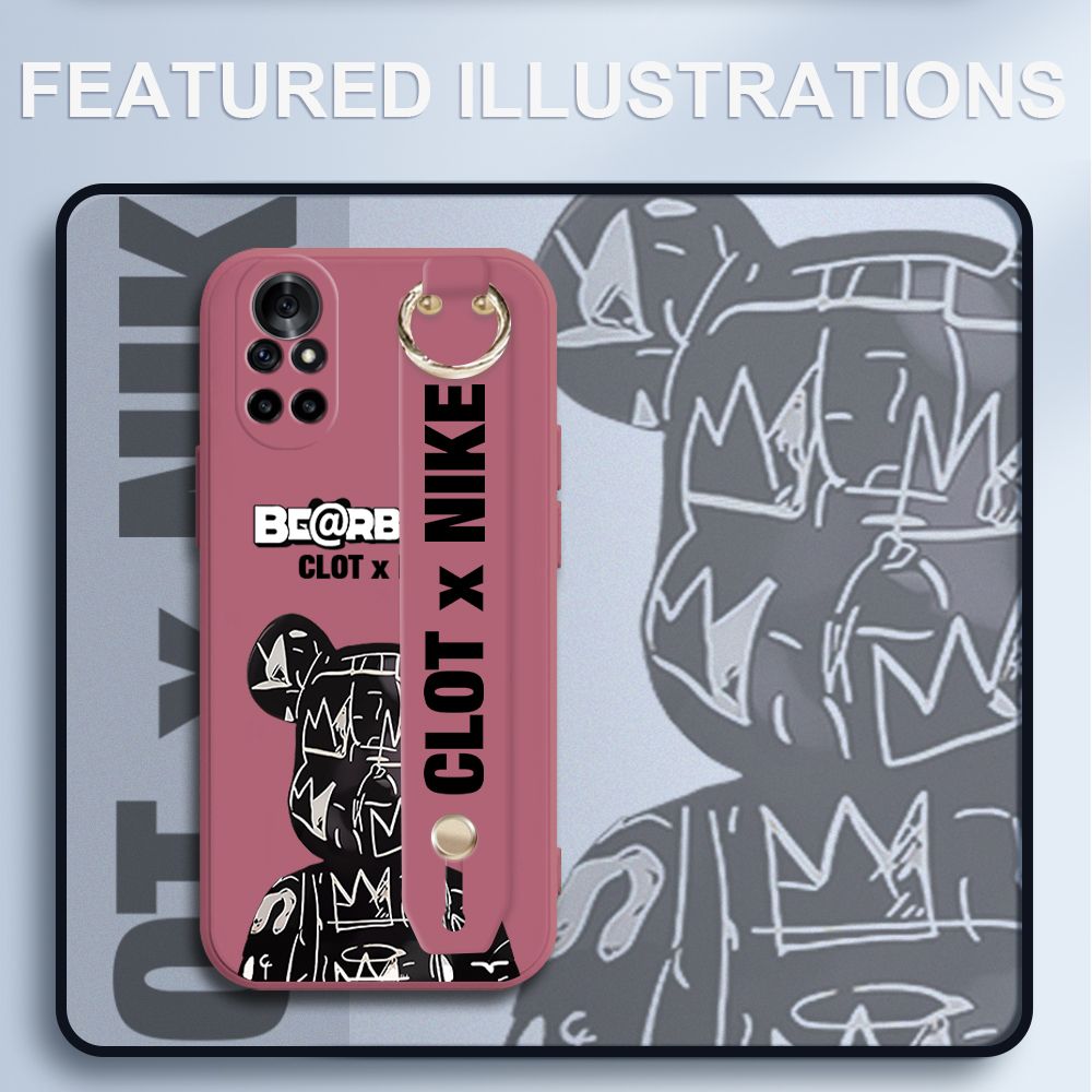 UCUC for Huawei Nova 8 Pro Wrist Strap Case Creative Cartoon Black Stitching Bear Cover Ultra Thin Anti Fall Liquid Silicone Phone Case