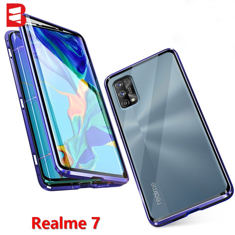 For Realme 7 Case Cover 360 Magnetic Double-sided Tempered Glass Magnet Metal Flip Phone Case