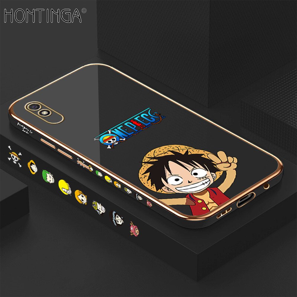 Hontinga for Redmi 9A Case Luxury 6D Plating Soft Casing Silicone Square Frame Phone Cover Shiny Bling Side Print Anime Cartoon Happy Luffy Cases