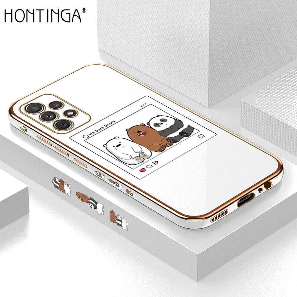 Hontinga for Samsung A72 5G/4G Back Cover + Free Lanyard Luxury 6D Plating Photo three bears Side Pattern Case Soft Silicone Square Mobile Cover