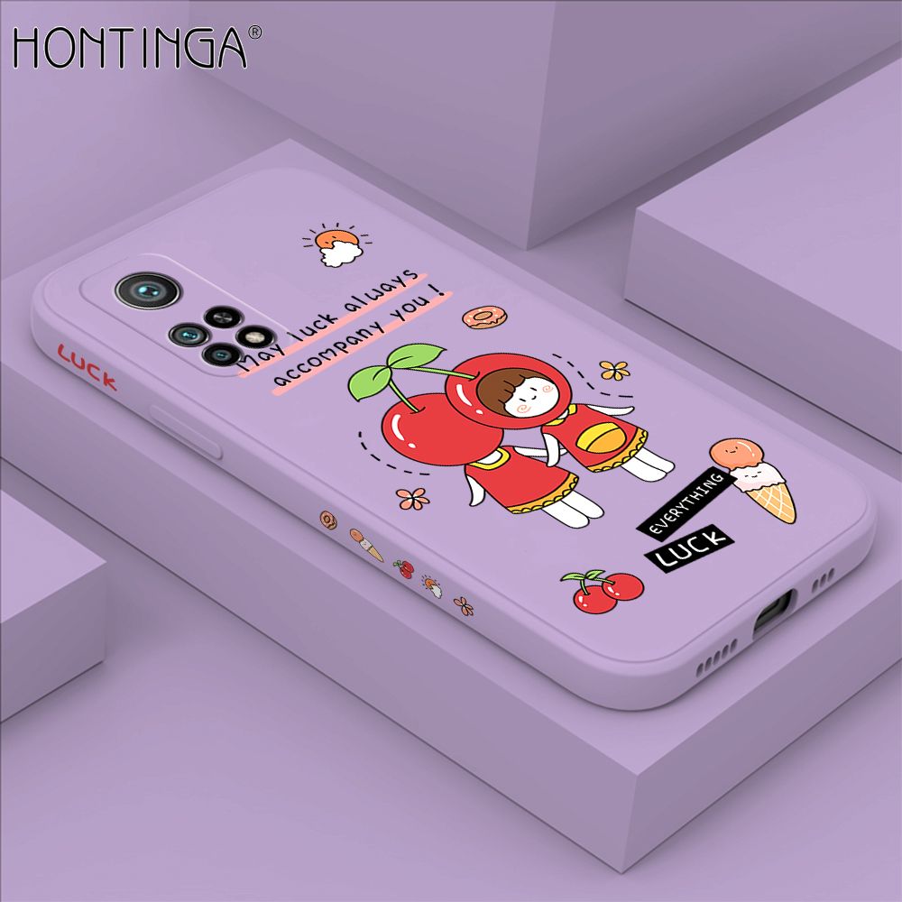 Hontinga for Xiaomi 10T / 10T Pro Case Side Design Cute Cherry Girl Back Cover Soft Square Edge Pattern Liquid Silicone Trend Phone Cases