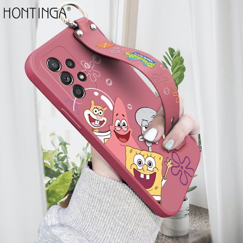 Hontinga for Samsung Galaxy A52 4G / 5G / A52S 5G Wrist Strap Case Cute Cute Funny Cartoon Sponge for Square Pants Cover Square Edge Liquid Silicone Anti-drop Phone Case