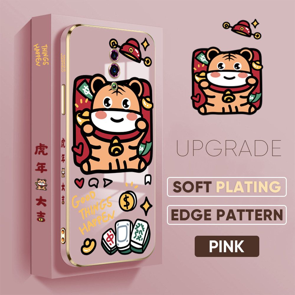 TA for OPPO Reno Back Cover + Free Lanyard Cute Animals Luxury 6D Plating Case Side Pattern Soft Silicone Square Phone Cases